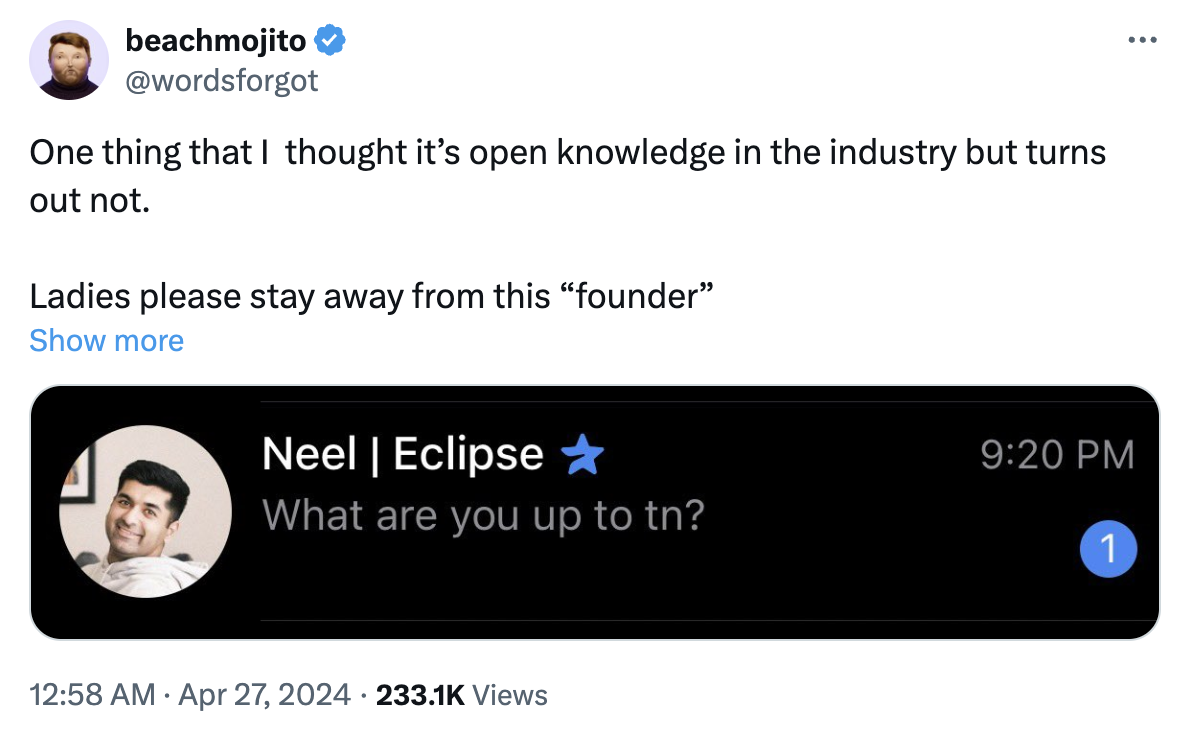 多名加密从业者发文指控，Eclipse创始人陷「性骚扰」风波缩略图