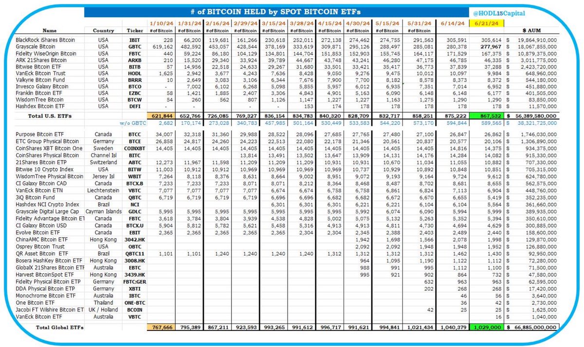 截至6月21日，全球比特币ETF共计持有102.9万枚比特币，AUM达668.85亿美元缩略图